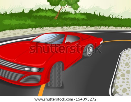 City streets with red sport car vector cartoon background