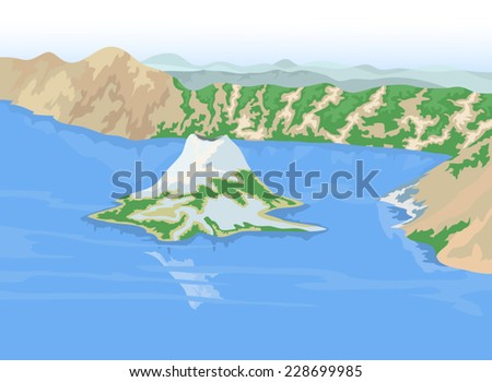 Crater lakes, geological nature landscape vector background