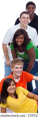 A group of young college students/friends on a white background with copy space
