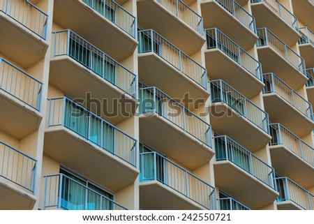 An Outside view of balconies of a hotel or apartment complex