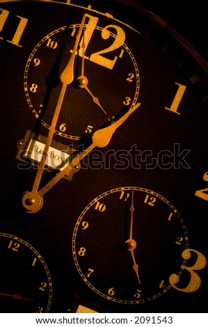 vintage clock with multiple faces depicting time in different parts of the world light painted with flashlight.