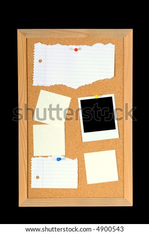 Message board or bulletin board with paper, sticky notes and a instant photograph with two paths - one for the board and one for the instant photo