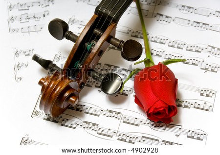 A violin peg-head, red rose and sheet music