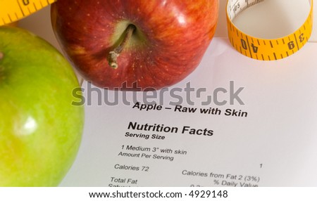 Nutrition facts and apples with a tape measure, items for dieting or healthy living