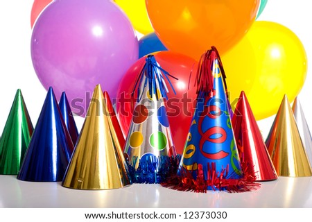 stock photo : Birthday party background with party hats, floating balloons