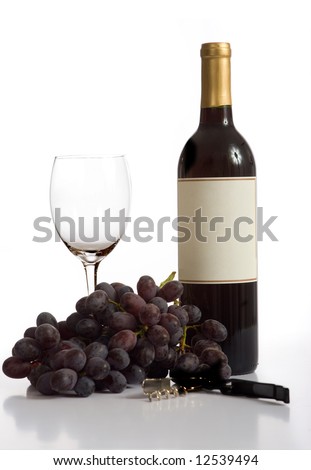 Grapes, wine, a wine glass, and a wine opener on a white background with copy space.  Wine background