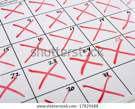 A calendar with every date x-d out or marked out, time concept, time is running out etc.