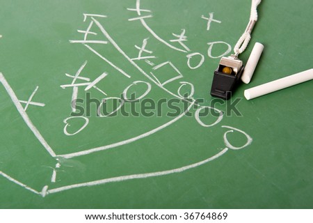 An American football play diagram on a green chalkboard