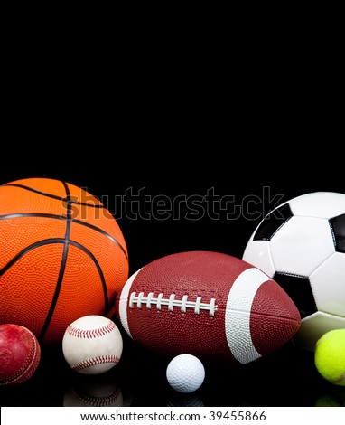 Assorted sports balls including a basketball, american football, soccer ball, tennis ball, baseball, golf ball and cricket ball on a black background