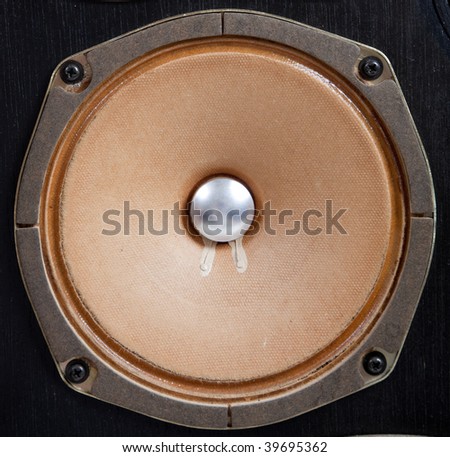 A vintage stereo speaker with no cover on a white background
