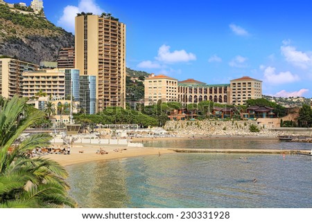 Monte Carlo, Monaco - October 06, 2014: Beaches in Monte Carlo on October 06, 2014 in Monaco. Monaco is premier tourist destination and recreation center for the rich and famous.