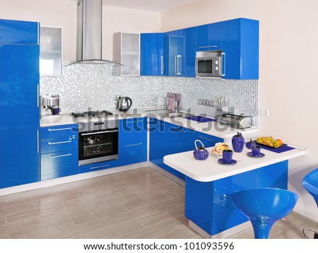 Modern kitchen interior with blue decoration