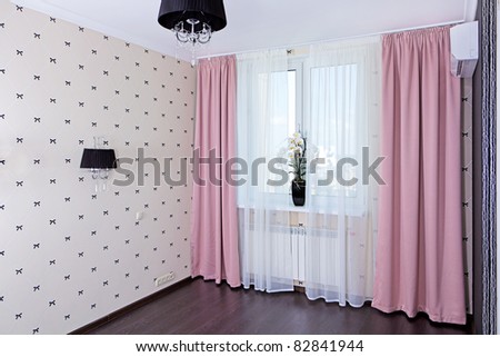 Stylish bedroom interior, window view