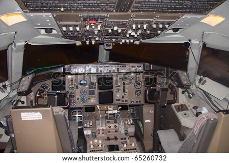 cockpit of a commercial passenger airliner without pilots