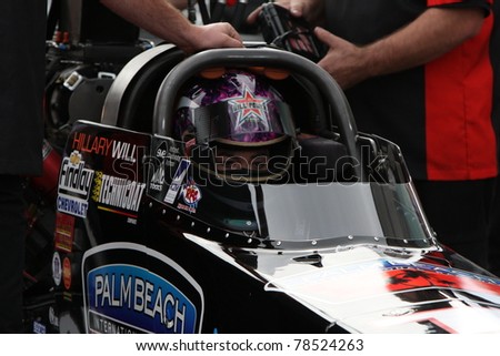 LAS VEGAS NEVADA - MAY 12: Hillary Will, in her top fuel dragster, a few minutes before start to the NHRA drag racing finals on May 12, 2008 in Las Vegas Nevada.