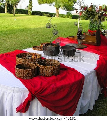 stock photo wedding reception buffet with batik decorations