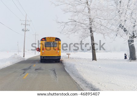 School bus on winter morning in rural area.