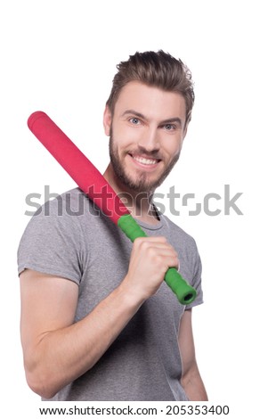 Smiling man with baseball bat, isolated