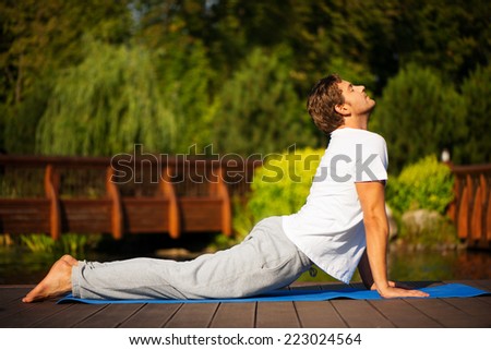 Young man practising yoga and standing in cobra pose with a beautiful green scenery of park on background