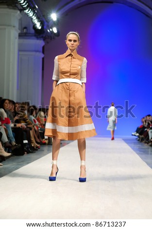 KIEV, UKRAINE - OCTOBER 14: Fashion models wear clothes created by 