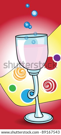 Retro illustration with glass of wine on red background