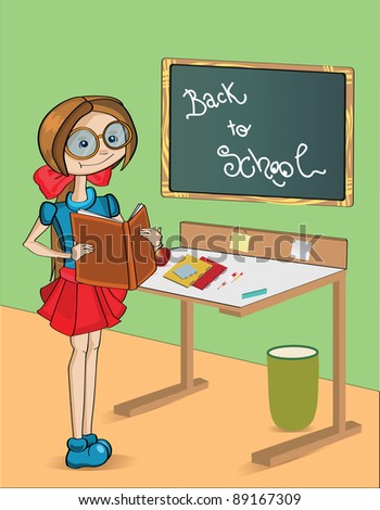 Illustration with classroom and girl studying