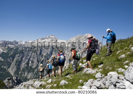 Hiking group on mountain pasture
