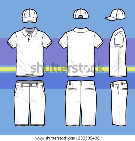 Front, back and side views of men's golf set. Blank templates of polo t-shirt, cap and shorts.  Sports uniform. Vector illustration on the striped background for your fashion design.