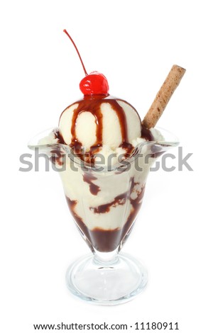 stock photo : Delicious vanilla ice cream sundae topped with chocolate sauce, wafer and maraschino cherry