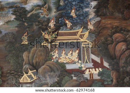 Ancient fresco paintings about angel story on a temple wall in Thailand