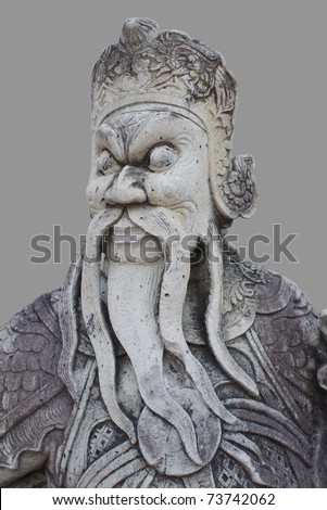 ancient Chinese warrior sculpture at Wat Pho in Bangkok, Thailand