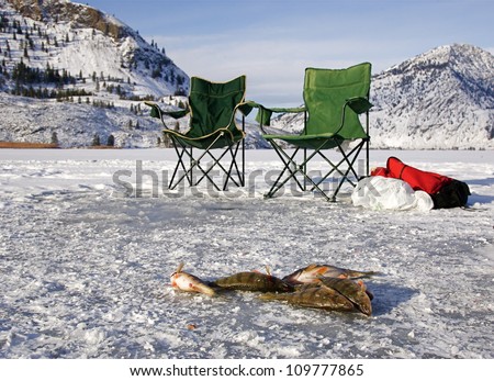 Ice Fishing set-up on Palmer Lake, in northern Washington state, near the Canada border; Pacific Northwest outdoors / recreation