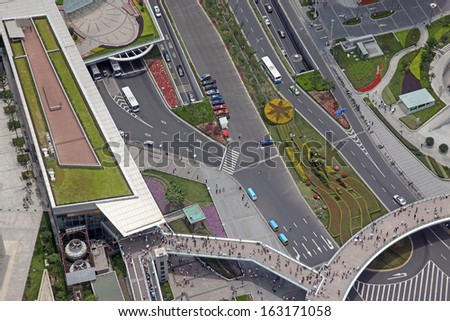 Aerial view of the crossroads in Shanghai, China