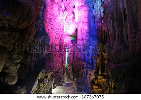 Underground lake in Reed Flute Caves in Guilin, Guangxi Provine, China