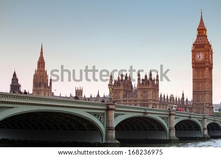 Famous And Beautiful View To Sundown At Big Ben And Westminster Bridge, London Gothic Architecture, Uk