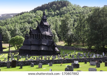 Borgund Stave church. Built in 1180 to 1250, and dedicated to the Apostle St. Andrew. It is one of the best preserved stave churches in the world, Norway