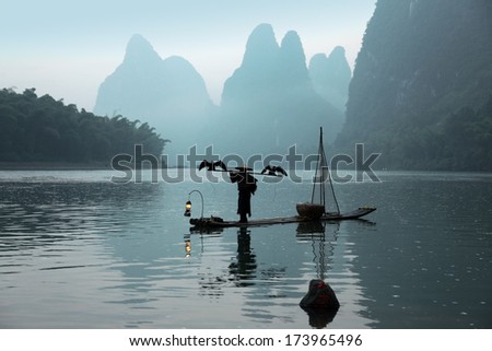 Chinese man fishing with cormorants birds, traditional fishing use trained cormorants, China