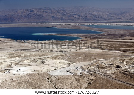 Dead sea and Jordan Mt, view of ancient city Masada, Israel