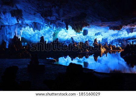 Underground lake in Reed Flute Caves in Guilin, Guangxi Provine, China