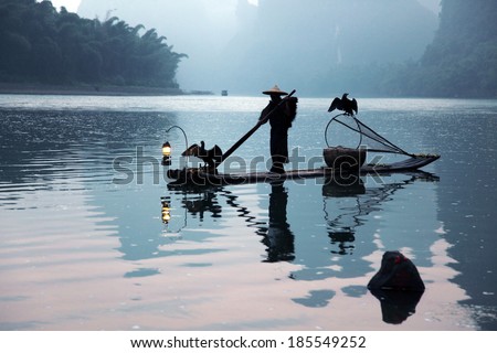 Chinese man fishing with cormorants birds, traditional fishing use trained cormorants to fish,  China