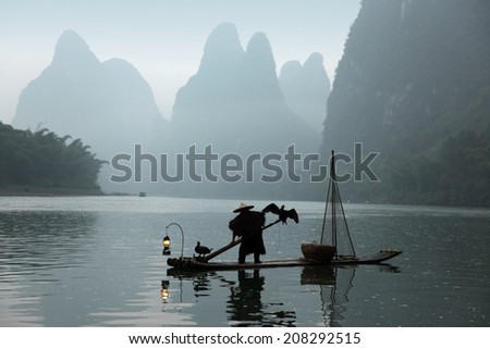 Chinese man fishing with cormorants birds , traditional fishing use trained cormorants to fish, China
