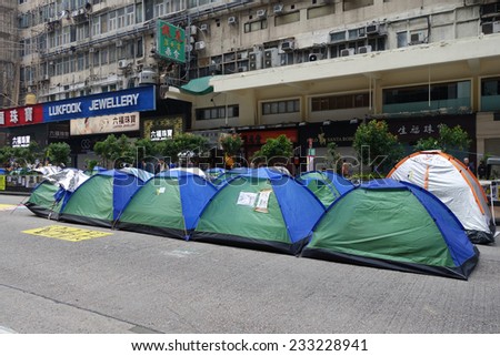 HONG KONG, NOV 23: Roadblock is set up to prevent police to conduct the raid in Mong Kok on 23 November 2014. Hong Kong activists are fighting for their right to choice for the next chief executive