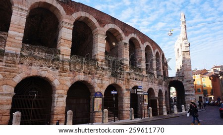 VERONA, ITALY- JAN 11: Tourist visit Piazza Bra in Verona, Italy on January 11, 2015.Piazza Bra often shortened to Bra, is the largest piazza in Verona, Italy.