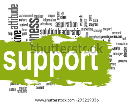 Support word cloud image with hi-res rendered artwork that could be used for any graphic design.