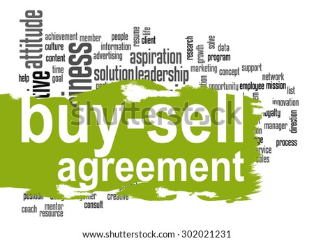 Buy-sell agreement word cloud with green banner image with hi-res rendered artwork that could be used for any graphic design.