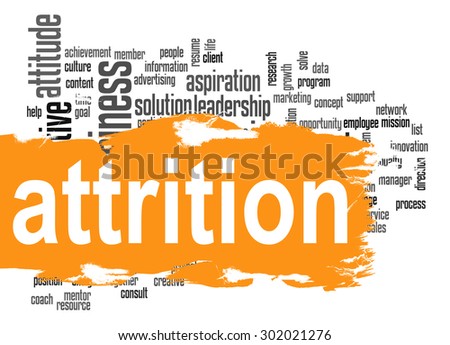 Attrition word cloud with orange banner image with hi-res rendered artwork that could be used for any graphic design.