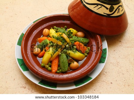 Morocco typical dish - Tajine of beef covered with fresh baby vegetables