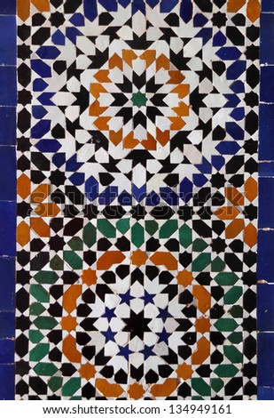 Morocco, Typical historical glazed mosaic ceramic tiles with Islamic pattern