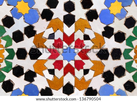 Morocco, Typical historical glazed mosaic ceramic tiles with Islamic pattern