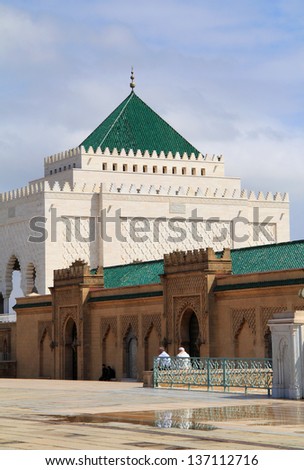 RABAT, MOROCCO - MARCH 13: The Mausoleum of Mohammed V houses the tomb of the late king. One of very few Islamic buildings that may be visited my non-Muslims. On March 13, 2013 in Rabat, Morocco.